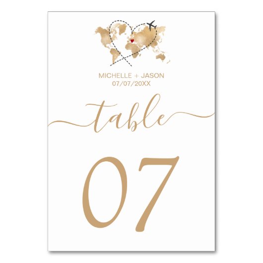 結婚の目的地金ゴールドの世界地図とハート テーブルナンバー (正面)