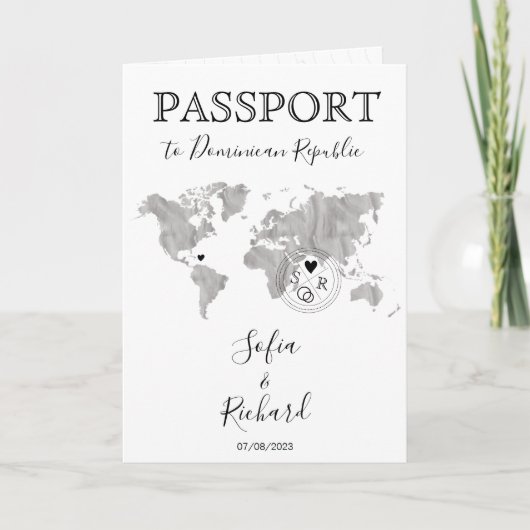 結婚の目的地Passport Blue World Map Gray 招待状 (正面)