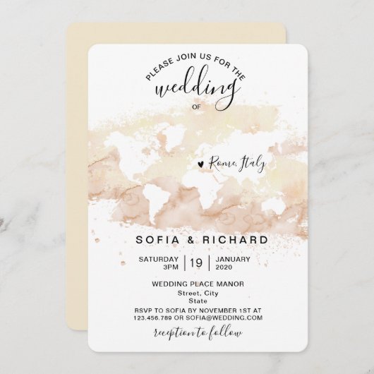 結婚の着側の水の色ワールドマップハートInv 招待状 (正面/裏面)