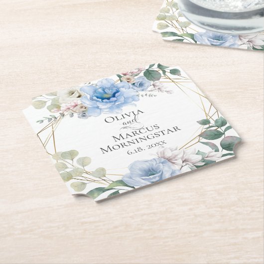 結婚の空エレガント青牡丹の花 ペーパーコースター (アングル)