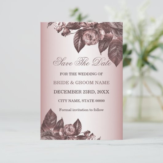 結婚の素朴フローラロス金ゴールドヴィンテージ セーブザデート (スタンド正面)