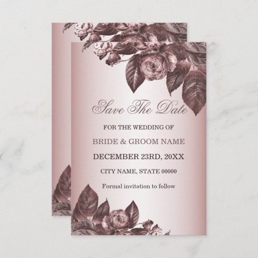 結婚の素朴フローラロス金ゴールドヴィンテージ セーブザデート (正面/裏面)