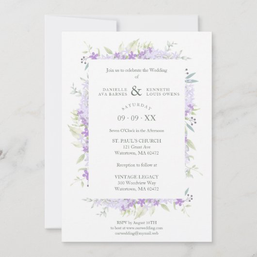 結婚の紫色の色合い花と枝の写真 招待状 (裏面)