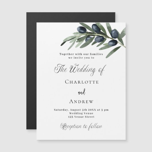 結婚の緑のオリーブ離れのシンプル口の豪華さ マグネット招待状 (正面/裏面)