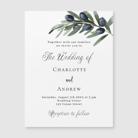 結婚の緑のオリーブ離れのシンプル口の豪華さ マグネット招待状 (正面)