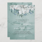 結婚の緑の水色の白いフローラアクセント 招待状 (正面/裏面)
