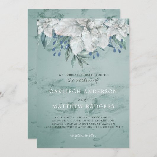 結婚の緑の水色の白いフローラアクセント 招待状 (正面/裏面)