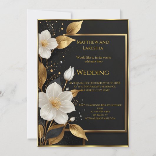 結婚の美しい白い花の金ゴールド離れ 招待状 (裏面)