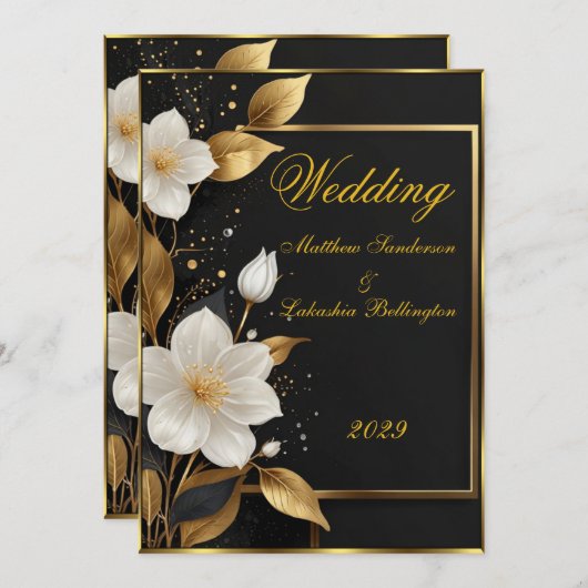結婚の美しい白い花の金ゴールド離れ 招待状 (正面/裏面)