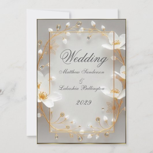 結婚の美しい白い花金ゴールド招待状 招待状 (正面)