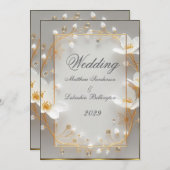 結婚の美しい白い花金ゴールド招待状 招待状 (正面/裏面)