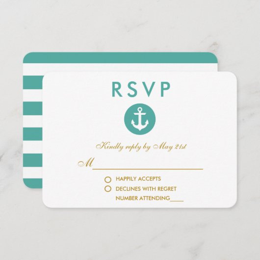 結婚の航海のいかりティール（緑がかった色）RSVP金ゴールド 出欠カード (正面/裏面)
