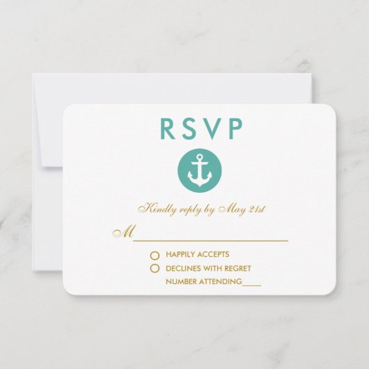 結婚の航海のいかりティール（緑がかった色）RSVP金ゴールド 出欠カード (正面)