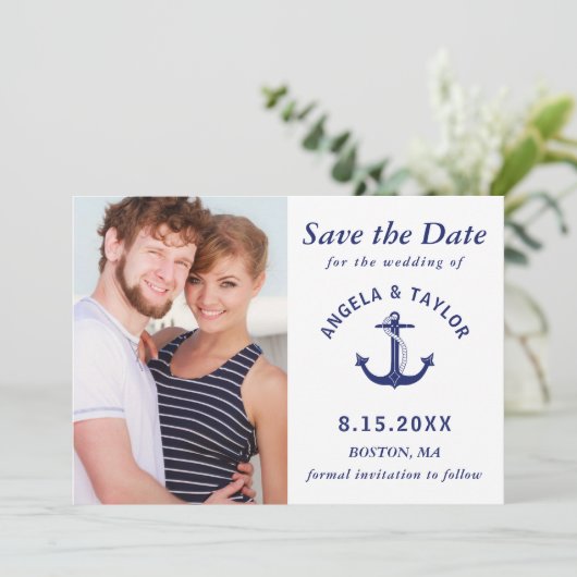 結婚の航海のいかりネイビーブルーストライプの セーブザデート (スタンド正面)