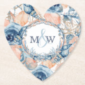 結婚の航海のビーチシェルとバラ ペーパーコースター (正面)