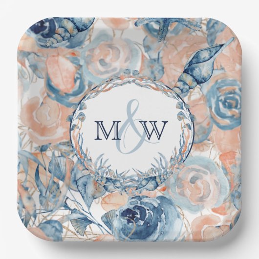 結婚の航海のビーチシェルとバラ ペーパープレート (正面)