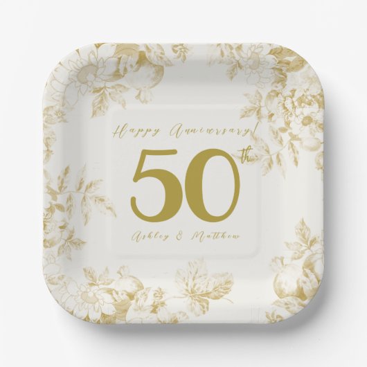 結婚の記念日の金のヴィンテージのカスタム脚本 ペーパープレート (正面)