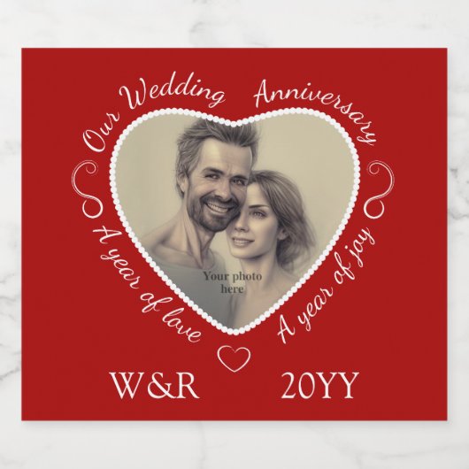 結婚の記念日 – カスタムハート写真と文字 スパークリングワインラベル (シングルラベル)