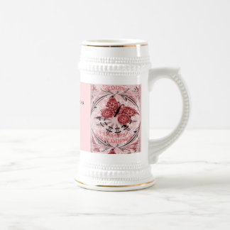 結婚の記憶; 蝶挨りだらけのピンク ビールジョッキ