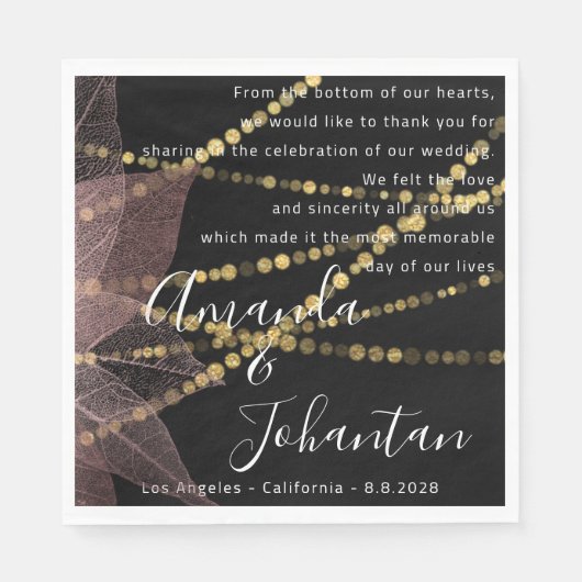 結婚の詩感謝していフローラ金ゴールド名バラ黒 スタンダードランチョンナプキン (正面)