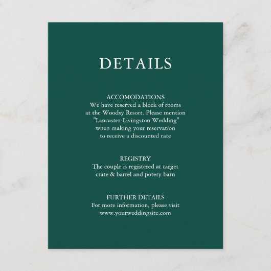 結婚の詳細の水の色素朴緑の松 エンクロージャーカード (正面)