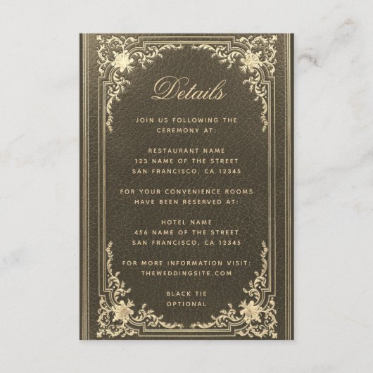 結婚の詳細ブラック金ゴールドヴィンテージスクリプエレガントト エンクロージャーカード (正面)