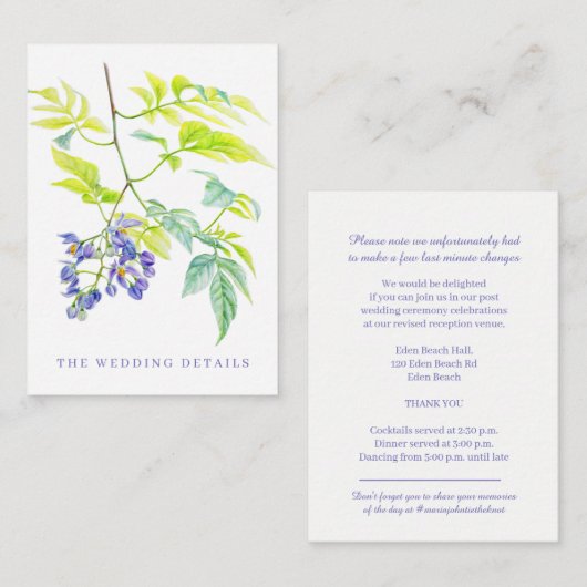 結婚の詳細紫シンプルの花の水色 エンクロージャーカード (正面/裏面)