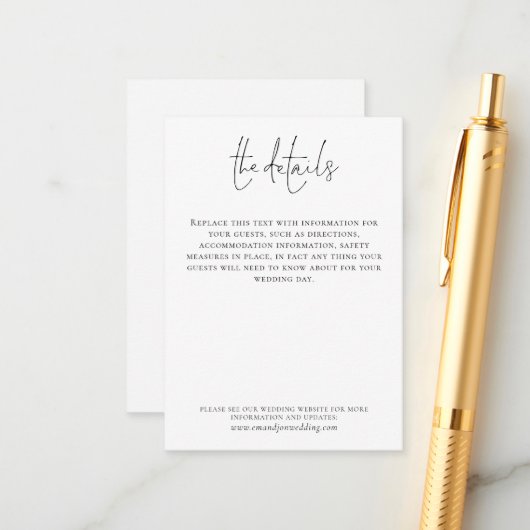 結婚の詳細 エレガントなスクリプト シンプル ブラック ホワイト エンクロージャーカード (正面/裏面インサイチュ)