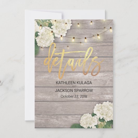 結婚の詳細 ハイドランジア 花 ストリング ライト 木 招待状 (裏面)