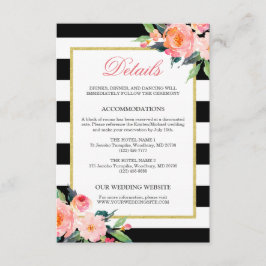 結婚の詳細 モダンな花柄 黒白のストライプ エンクロージャーカード