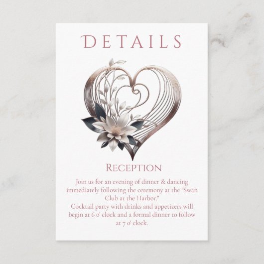 結婚の詳細 – 花モダン付きピンクのハート エンクロージャーカード (正面)