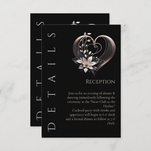 結婚の詳細 – 花モダン付きピンクのハート エンクロージャーカード (正面/裏面)