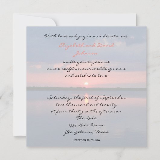 結婚の誓いのハートの更新の夕日 招待状 (裏面)