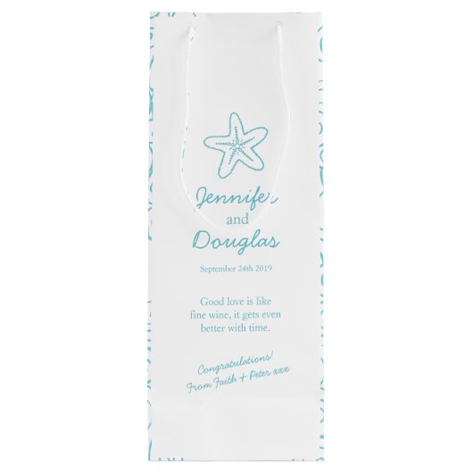 結婚の贈り物パーソナライズされたであるヒトデの青ワインバッグ ワインギフトバッグ (裏面)