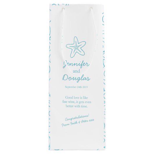 結婚の贈り物パーソナライズされたであるヒトデの青ワインバッグ ワインギフトバッグ (正面)