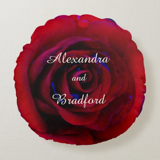 結婚の赤いバラ、フローラ新郎新婦カスタム ラウンドクッション (正面)