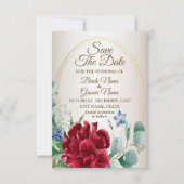 結婚の赤い花の緑の葉金の枠タン セーブザデート (正面)