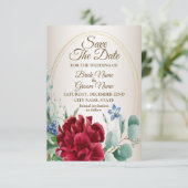 結婚の赤い花の緑の葉金の枠タン セーブザデート (スタンド正面)