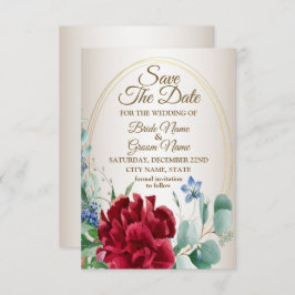 結婚の赤い花の緑の葉金の枠タン セーブザデート