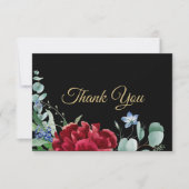 結婚の赤い花の緑葉のシルバーブラック サンキューカード (正面)