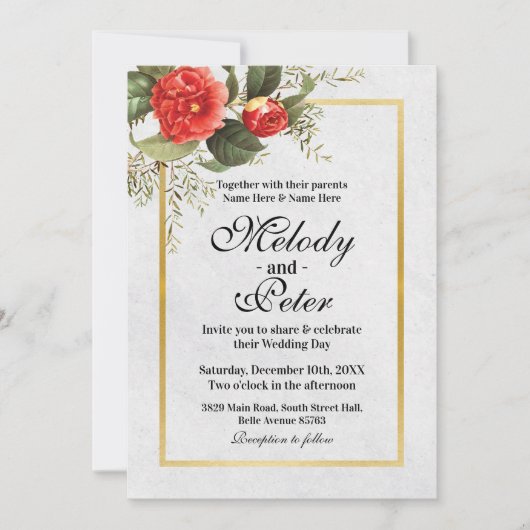 結婚の赤い花金ゴールドグレーフェスティバルクリスマス 招待状 (正面)