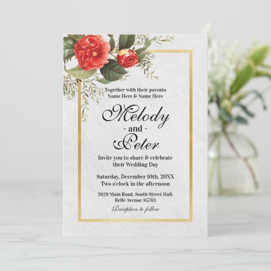 結婚の赤い花金ゴールドグレーフェスティバルクリスマス 招待状 (スタンド正面)