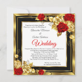 結婚の赤金ゴールドバラ黒金ゴールド写真 招待状 (正面)