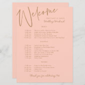 結婚の週末の旅程ピーチ金ゴールドウェルカムカード 招待状 (正面/裏面)