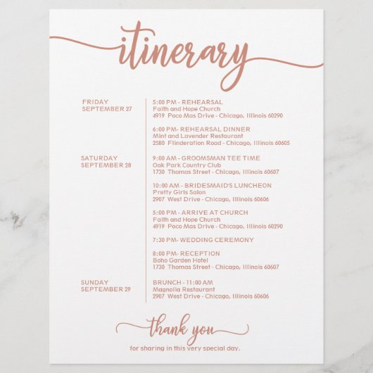 結婚の週末の歓迎の旅程バラ金ゴールド (裏面)