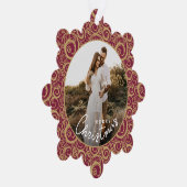 結婚の金ゴールドの写真Swirl Cranberryクリスマス オーナメントカード (右)