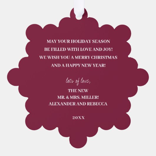 結婚の金ゴールドの写真Swirl Cranberryクリスマス オーナメントカード (裏面)