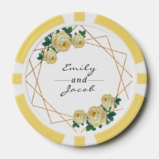 結婚の金ゴールドグリッター地域黄色フローラ名日付 ポーカーチップ (正面)