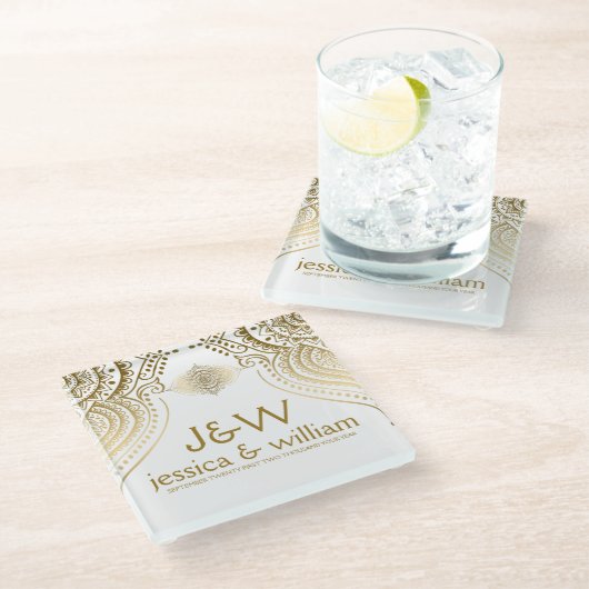 結婚の金ゴールドレースカスタム背景 ガラスコースター (アングル)