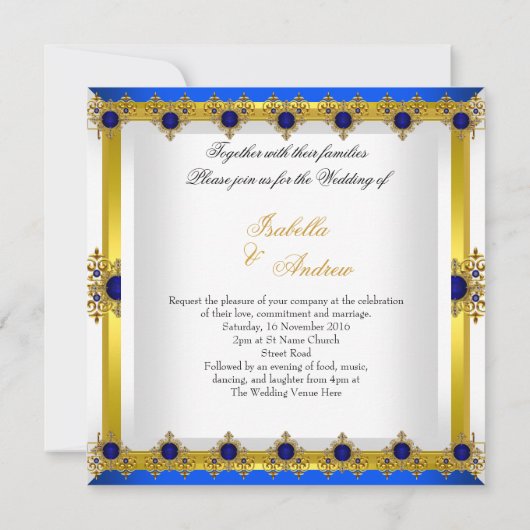 結婚の金ゴールド王室のブルージェムホワイト 招待状 (裏面)